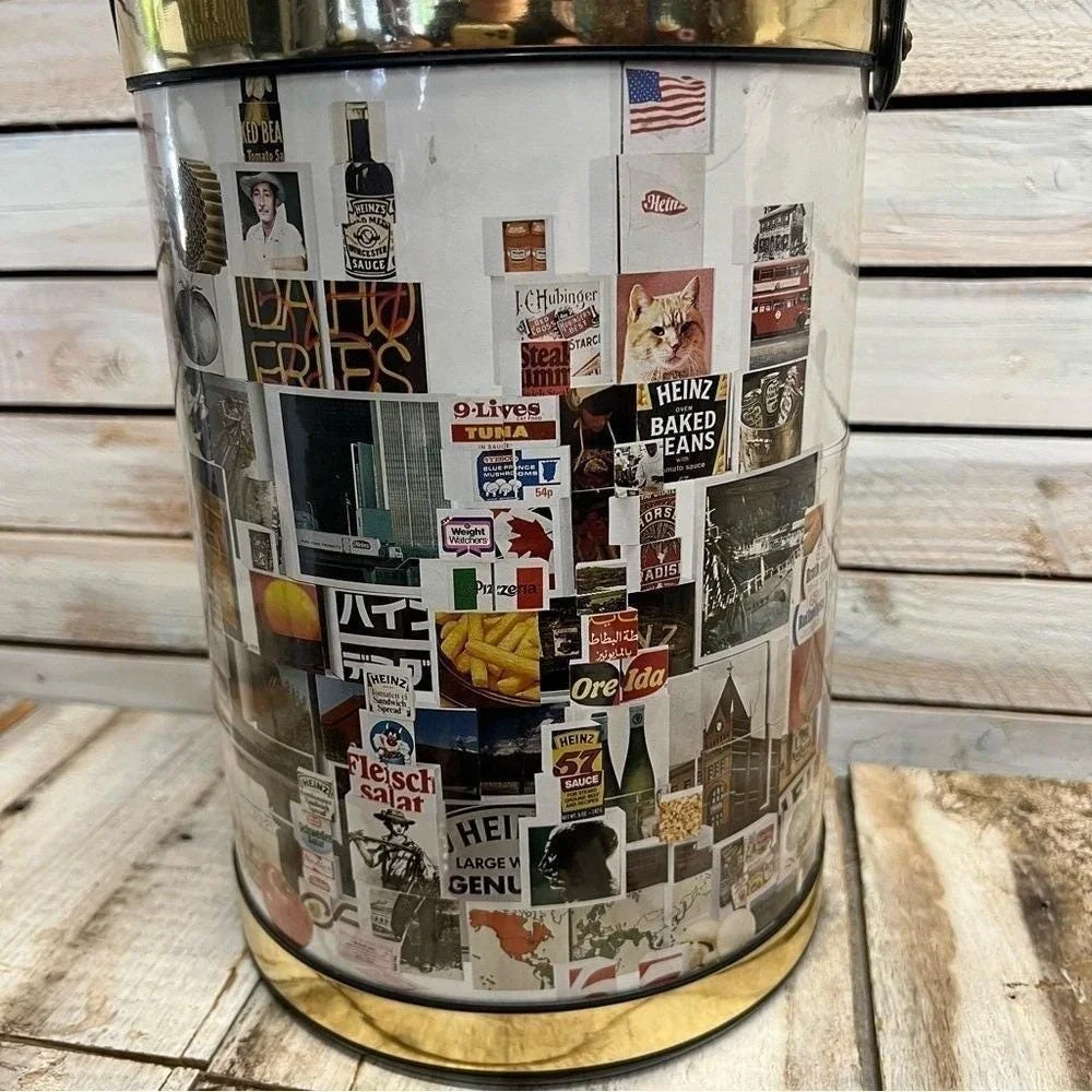 Vintage Retro Advertising Collage Ice Bucket Gold Tone Barware Mid Century